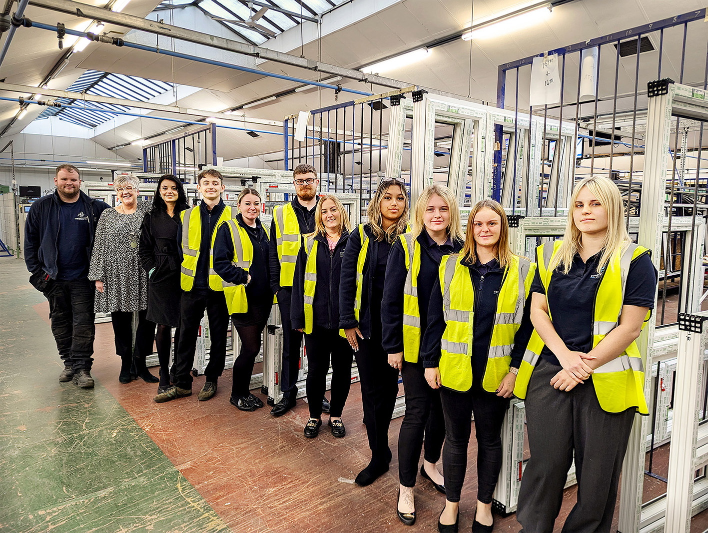 (l-r:) Joe Davis (Maintenance Engineer), Karen Starkey (Head of HR), Nikki Lewis (Marketing Manager), Sam Allen (Finance Apprentice), Missy Mortimer (Marketing Coordinator), Josh Childe (Accounts Assistant), Michelle Horne (Operations Manager), Cassie Handley (Purchasing Apprentice), Natalie Bossons (Account Manager), Georgie Tolley (Order Processor) and Mia Littlewood (Apprentice Order Processor).